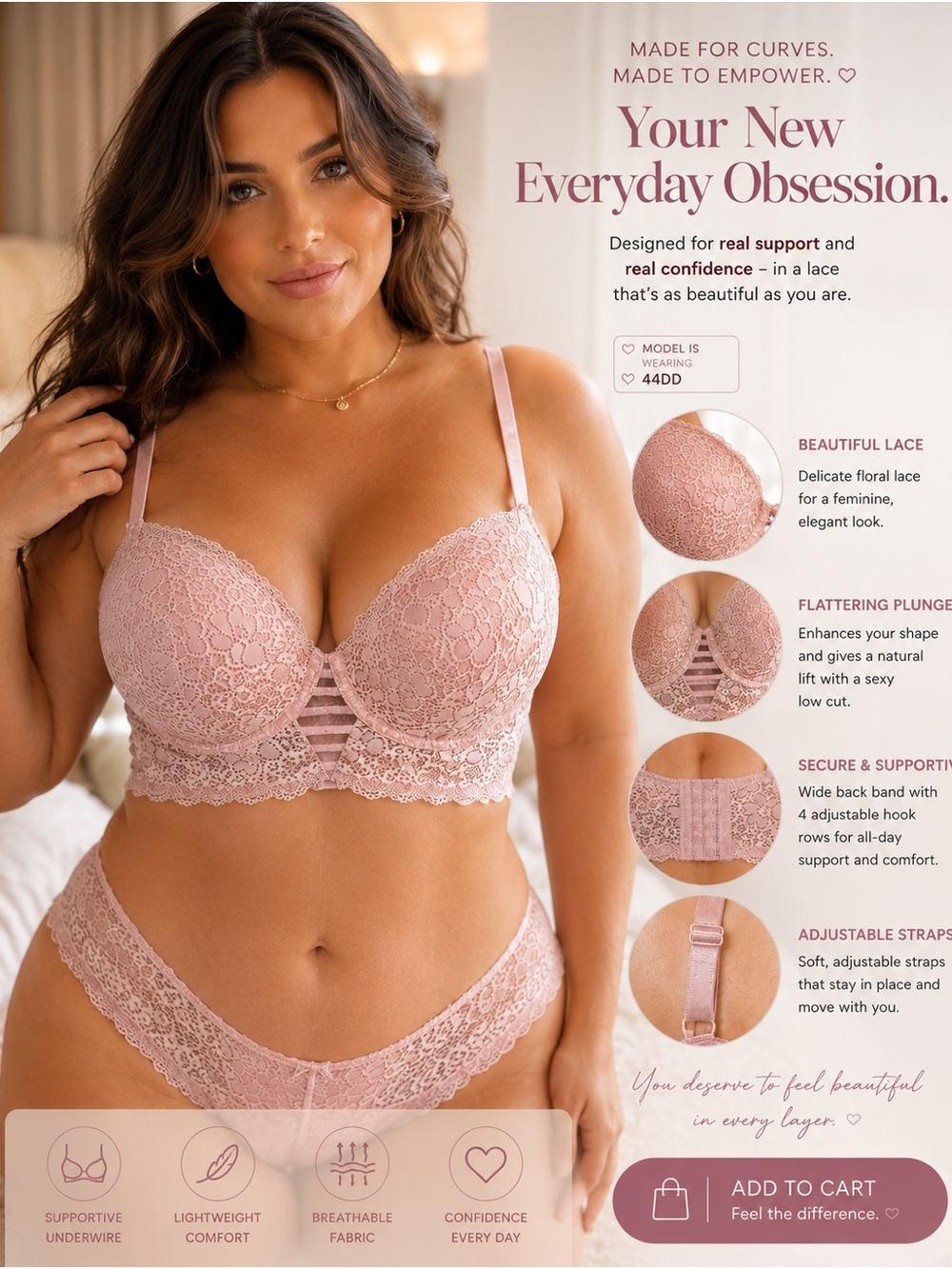 Delicate Lace Longline Bra & Bikini Set - Blush Pink